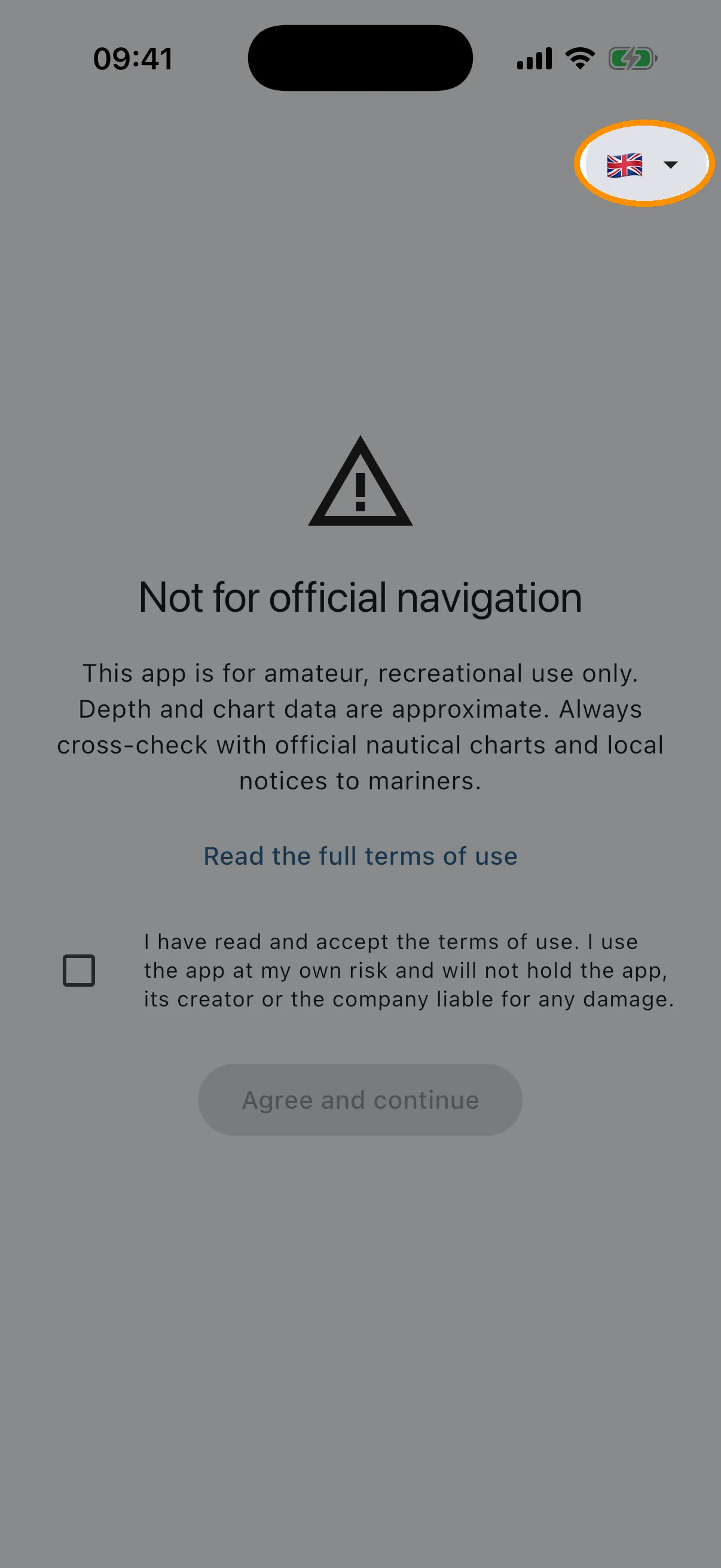 First-run disclaimer with the language flag