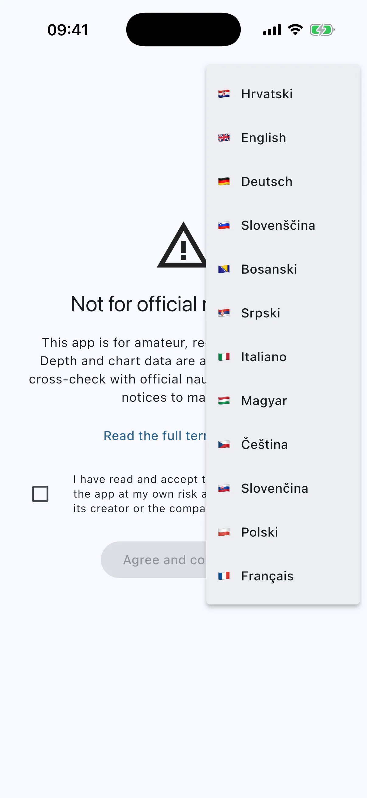12-language picker on the first-run screen