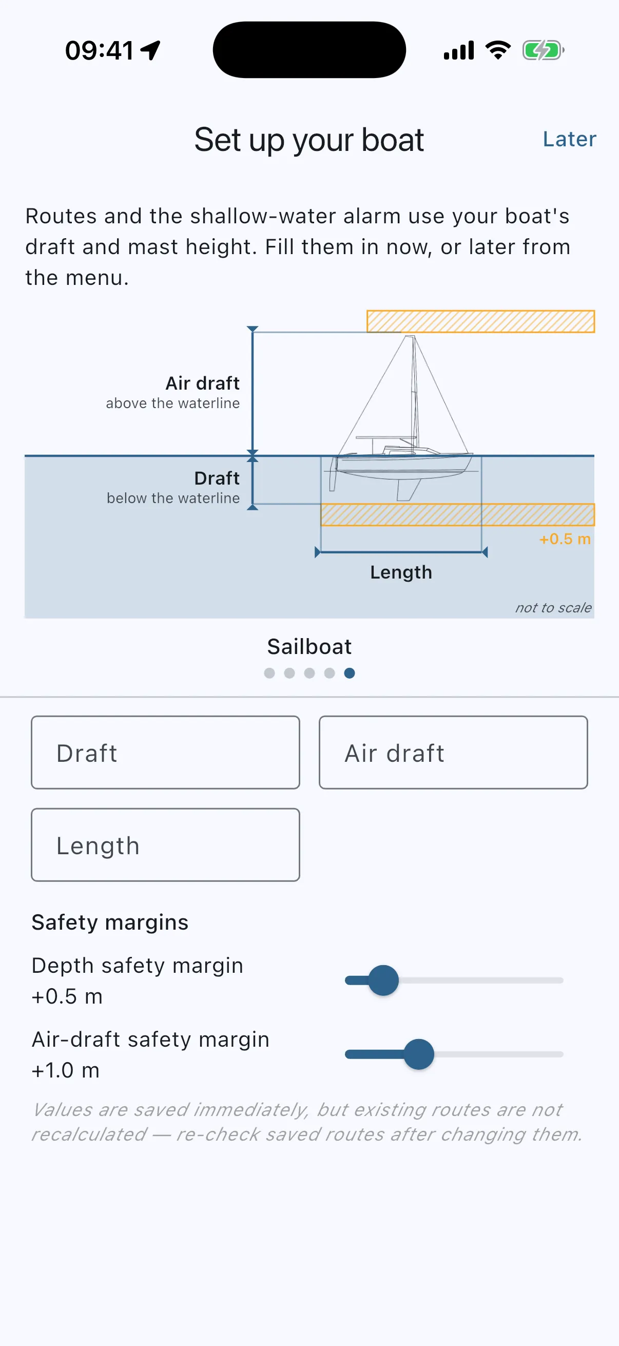 Boat setup asked once on first launch, with Later