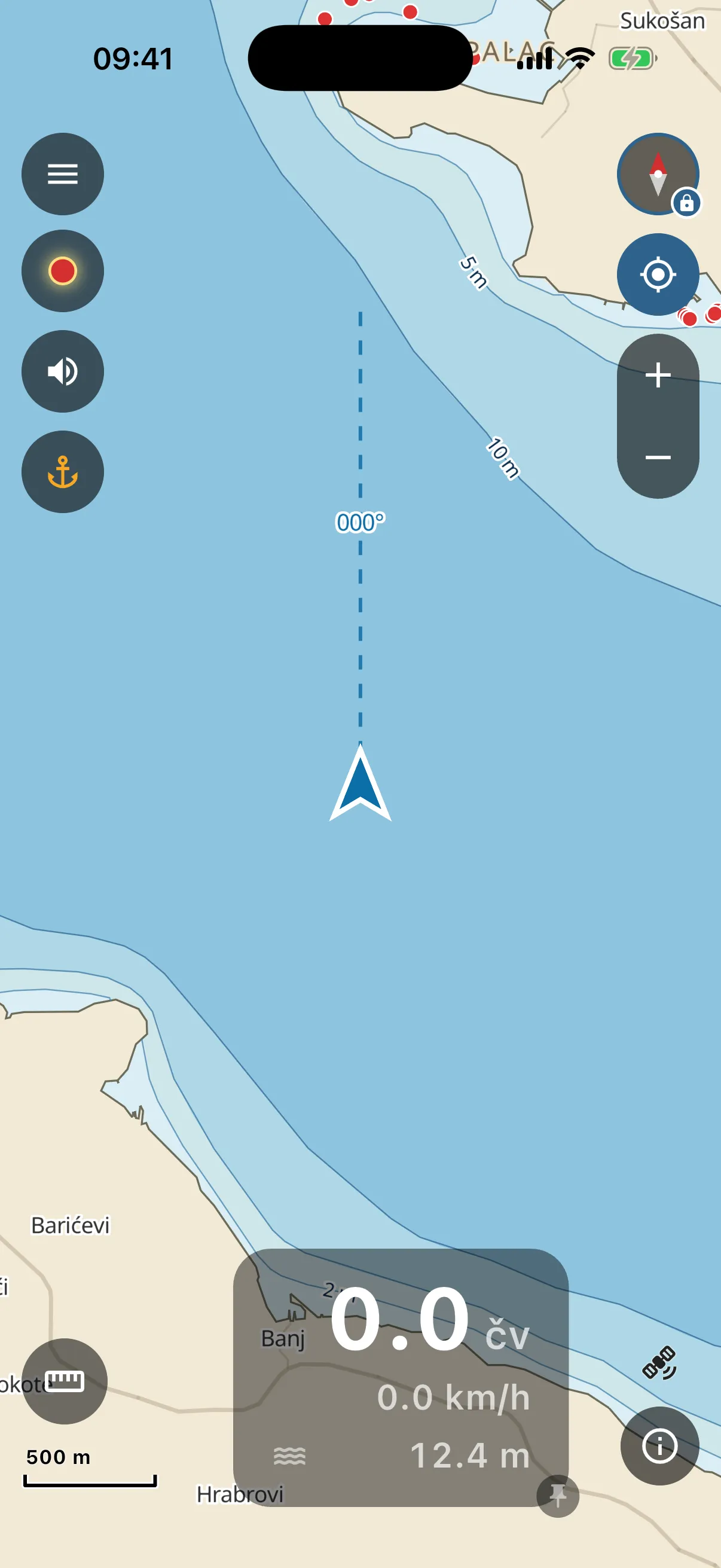 Chart with boat arrow, speed and depth panel, and controls