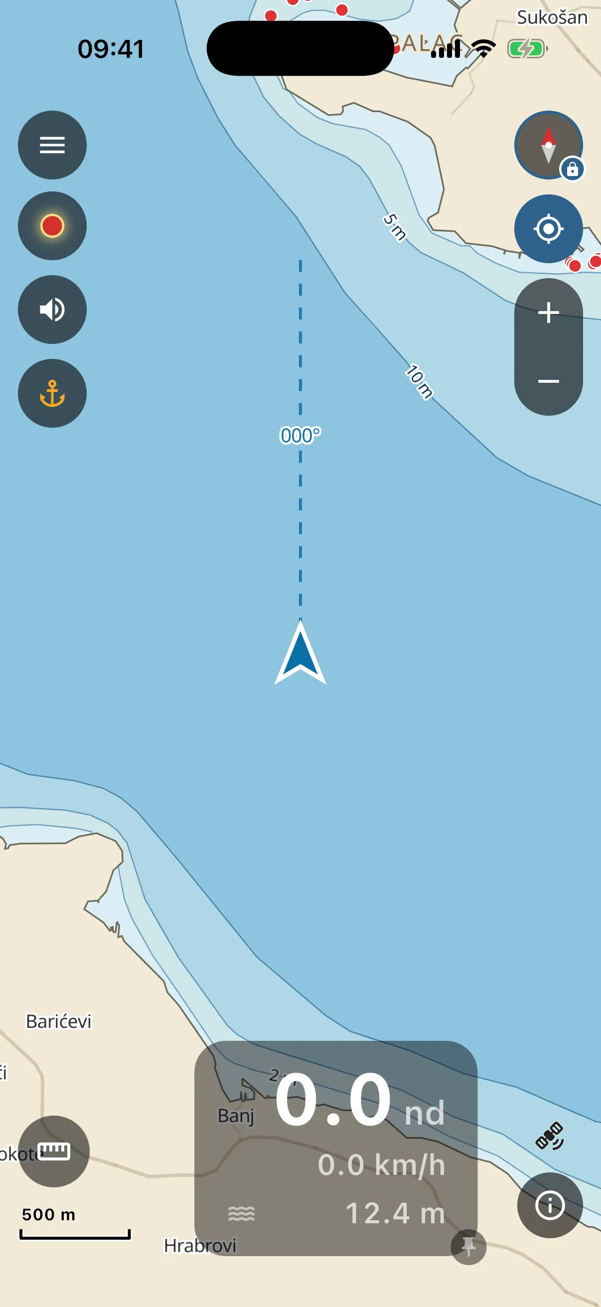 Chart with boat arrow, speed and depth panel, and controls