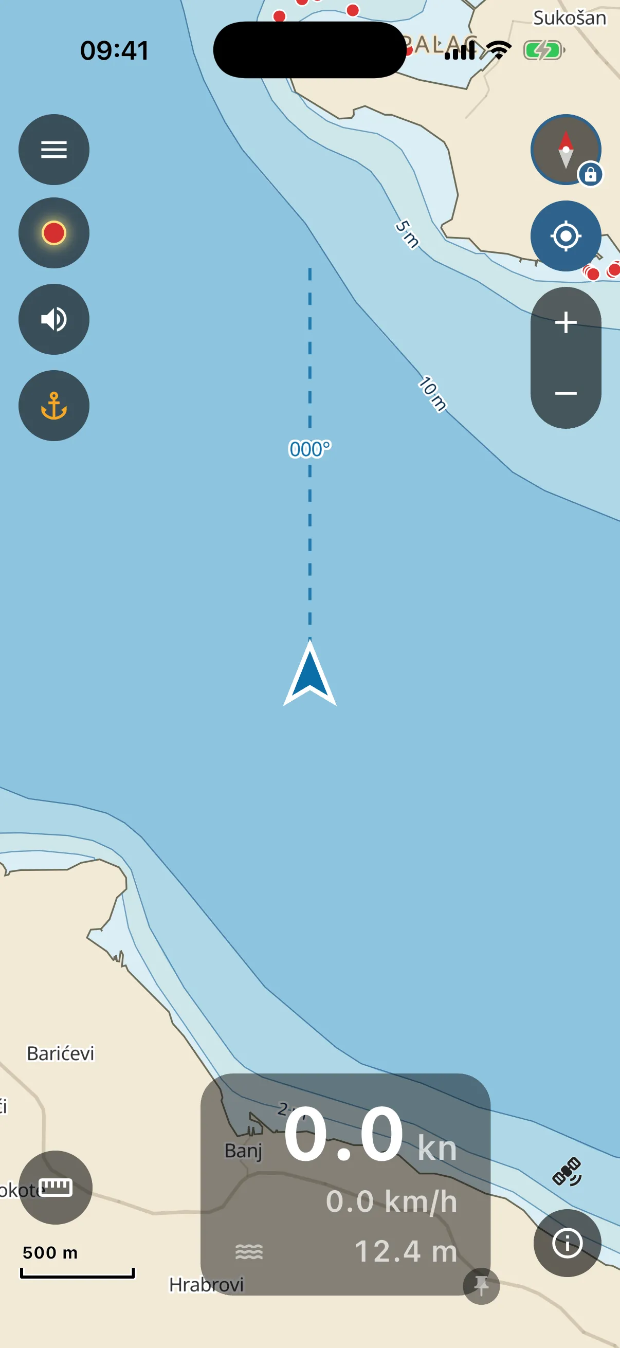 Chart with boat arrow, speed and depth panel, and controls