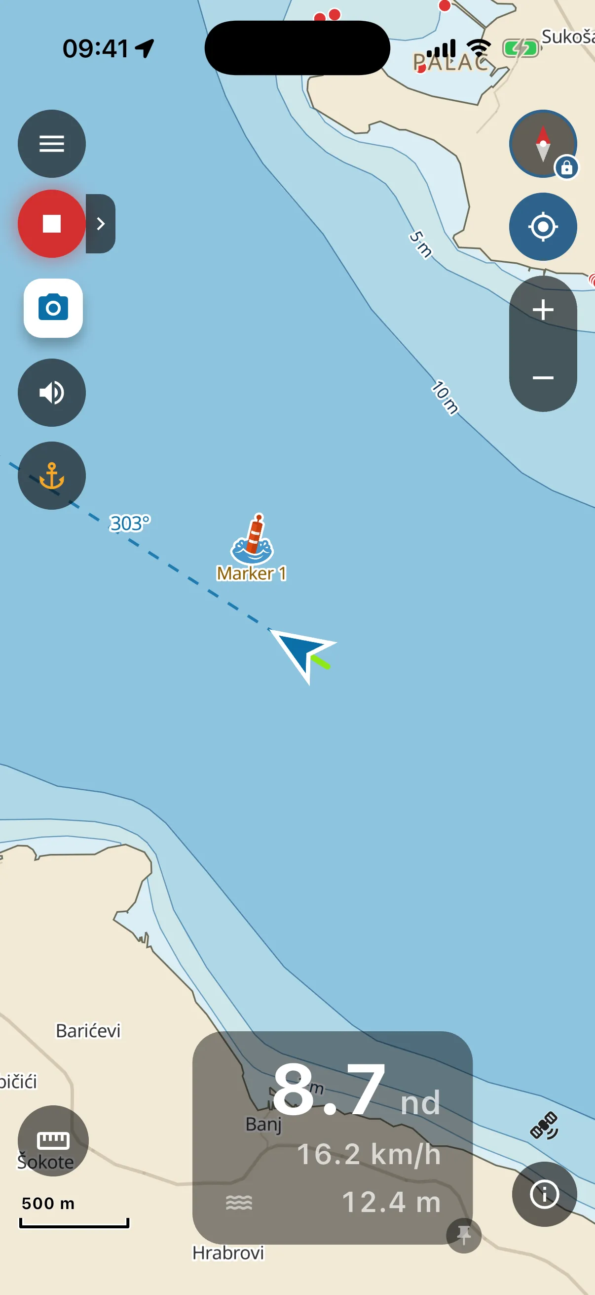 Boat under way with speed-coloured track and camera button
