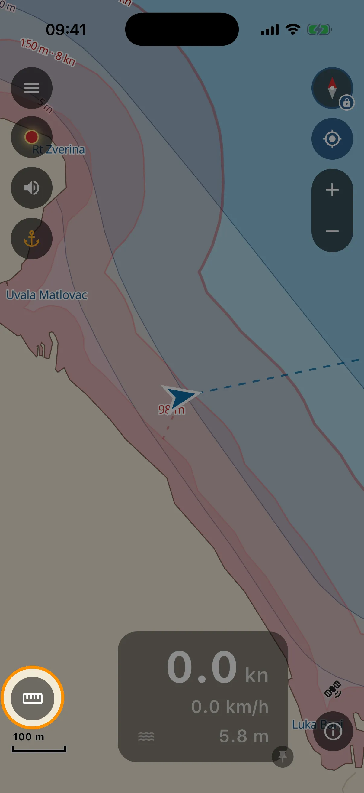 50, 150 and 300 m shore bands with distance line
