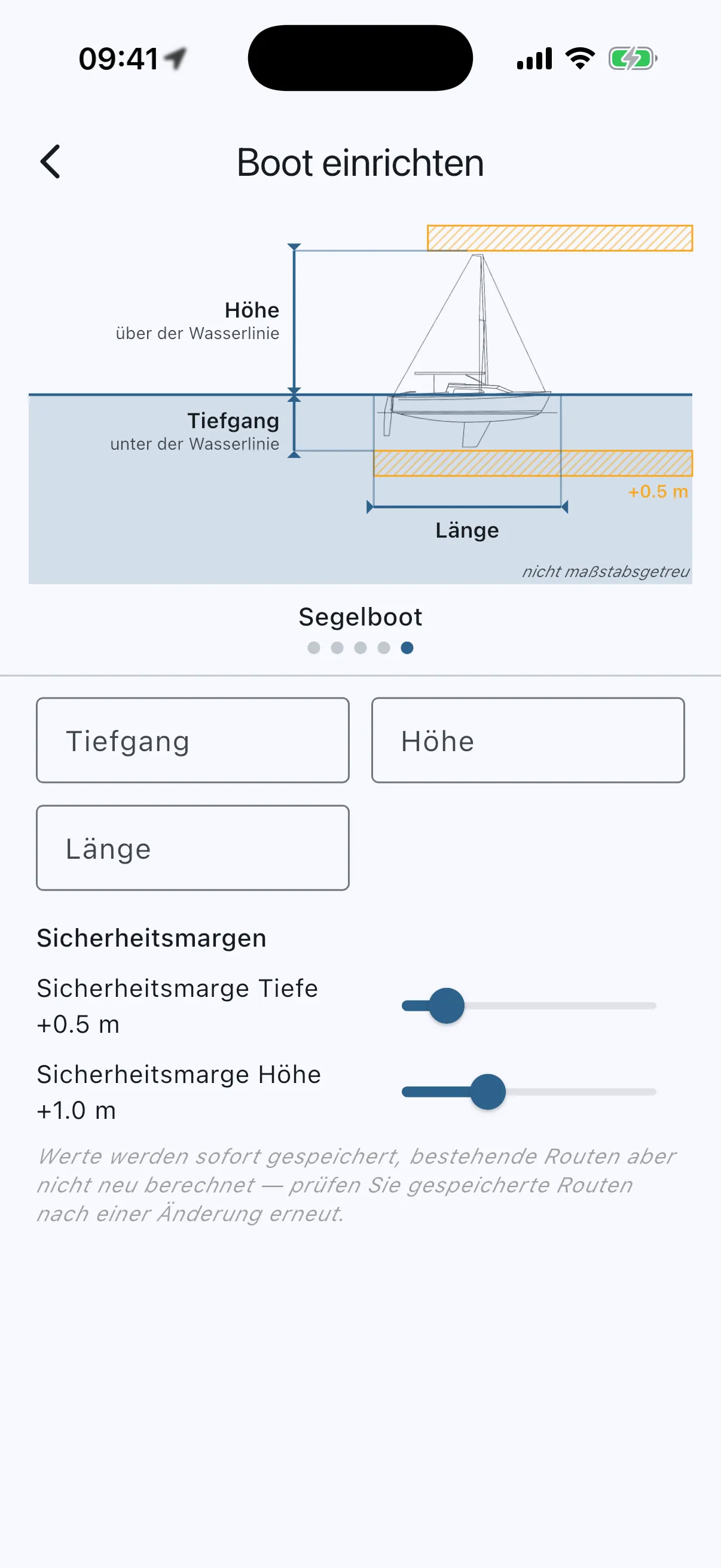 Boat setup screen with diagram