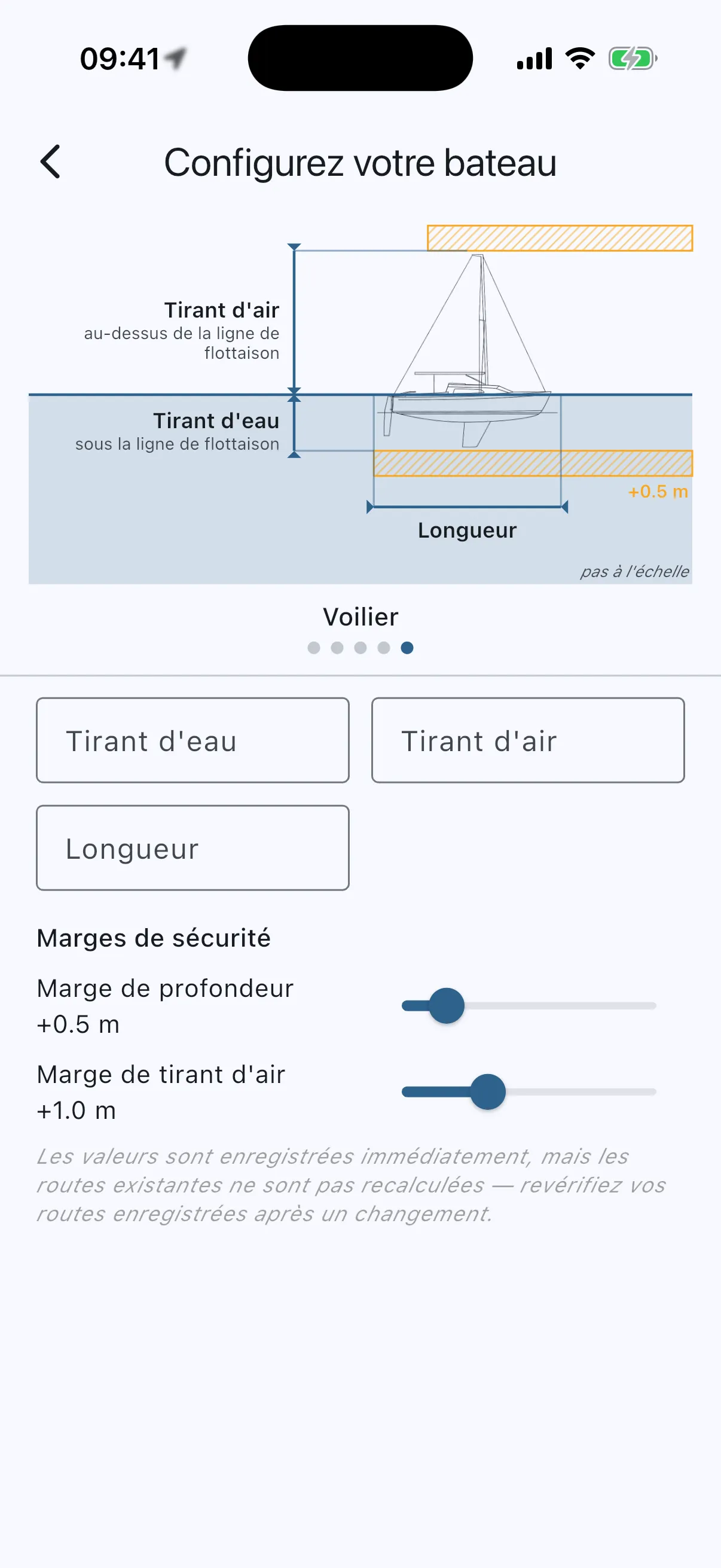 Boat setup screen with diagram