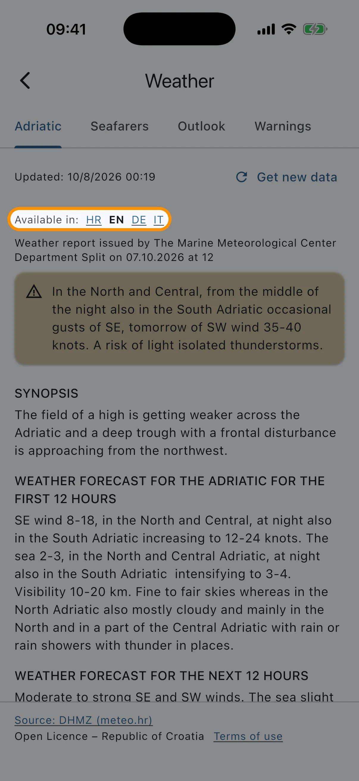 DHMZ Adriatic forecast tab