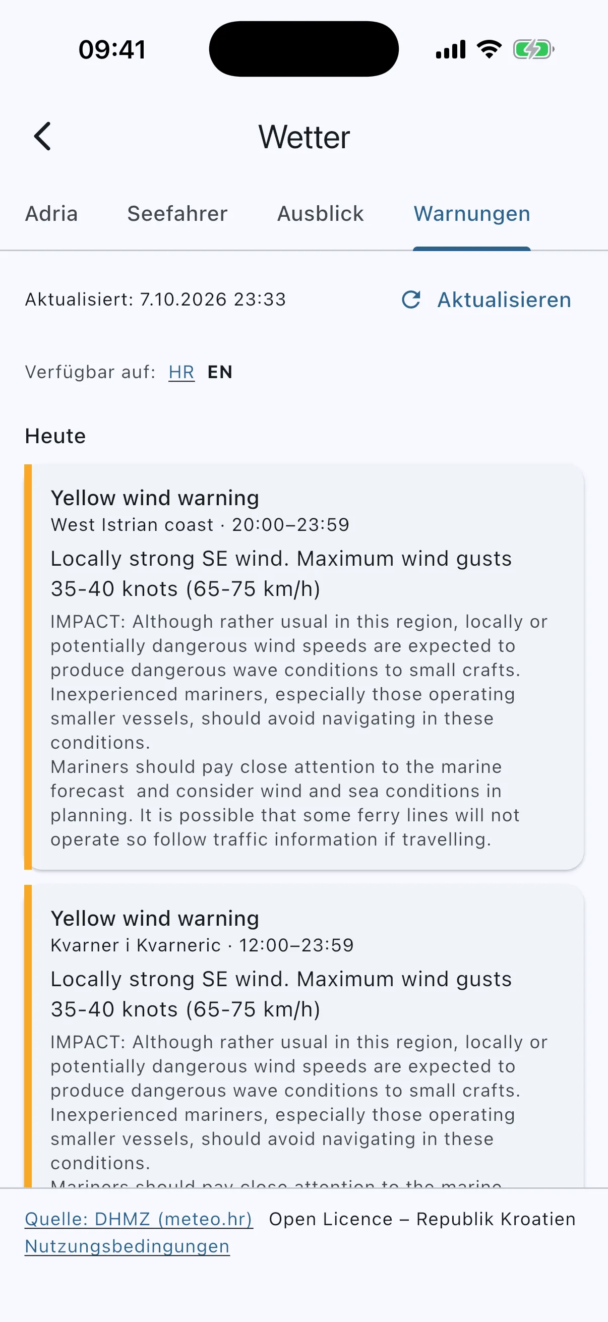 METEOALARM warning cards