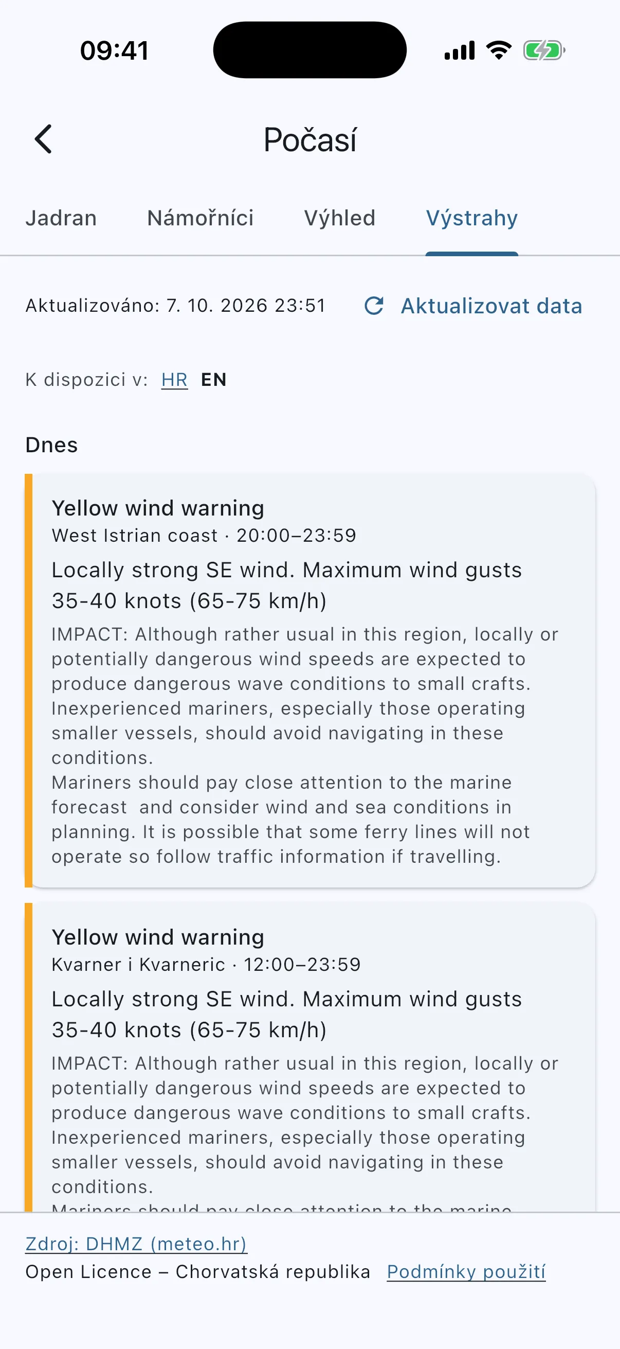 METEOALARM warning cards