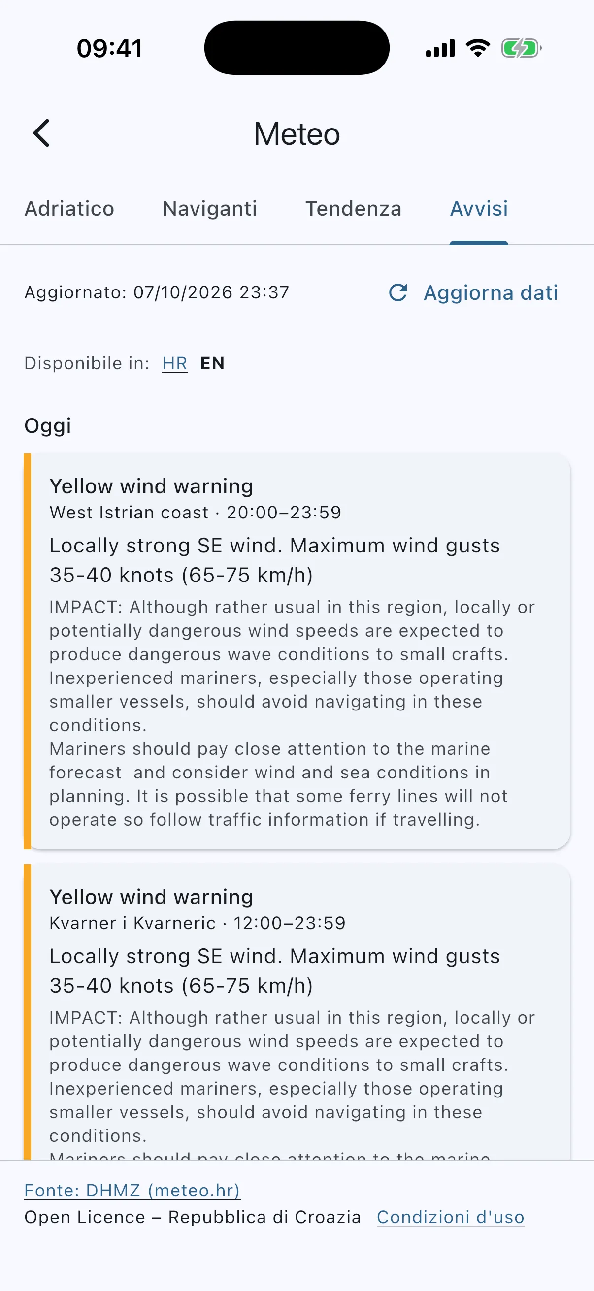 METEOALARM warning cards