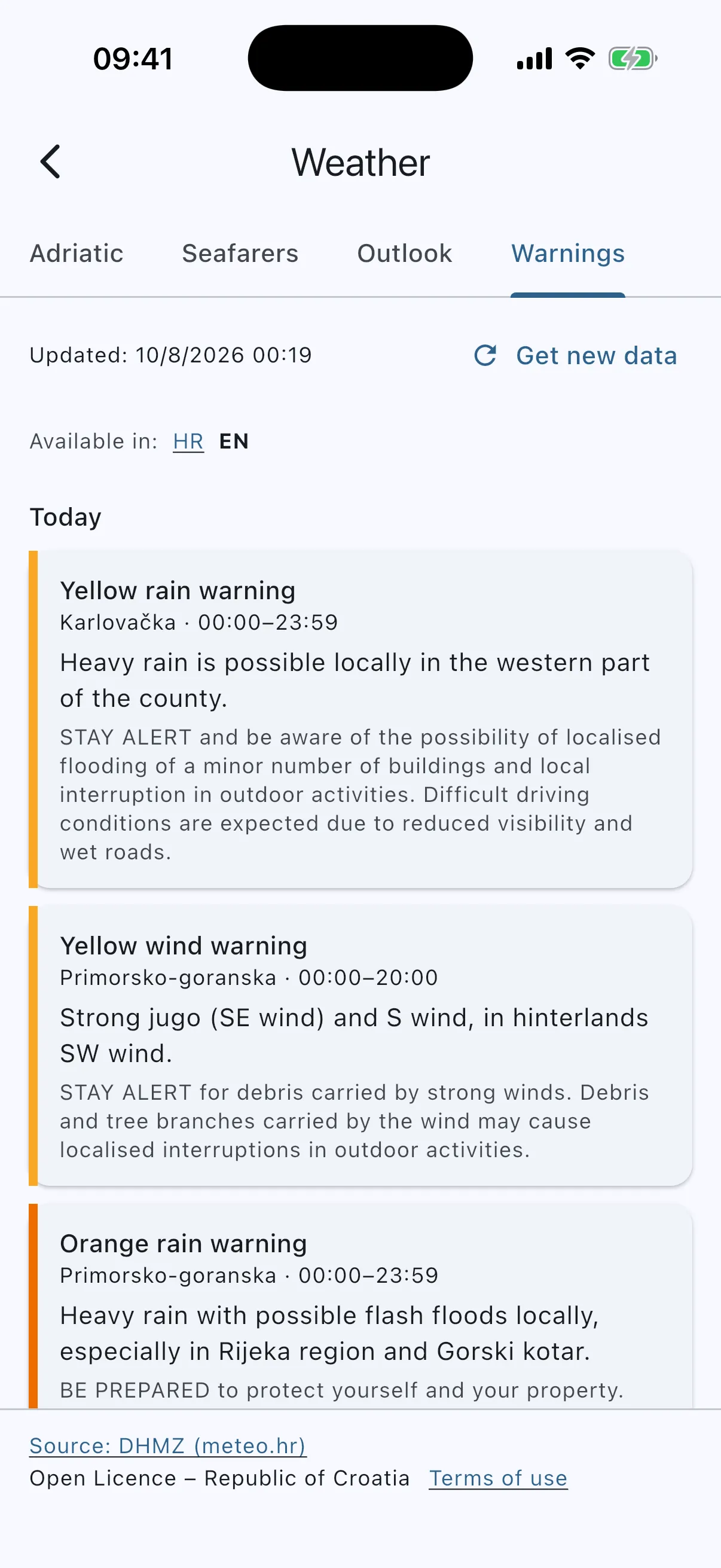 METEOALARM warning cards
