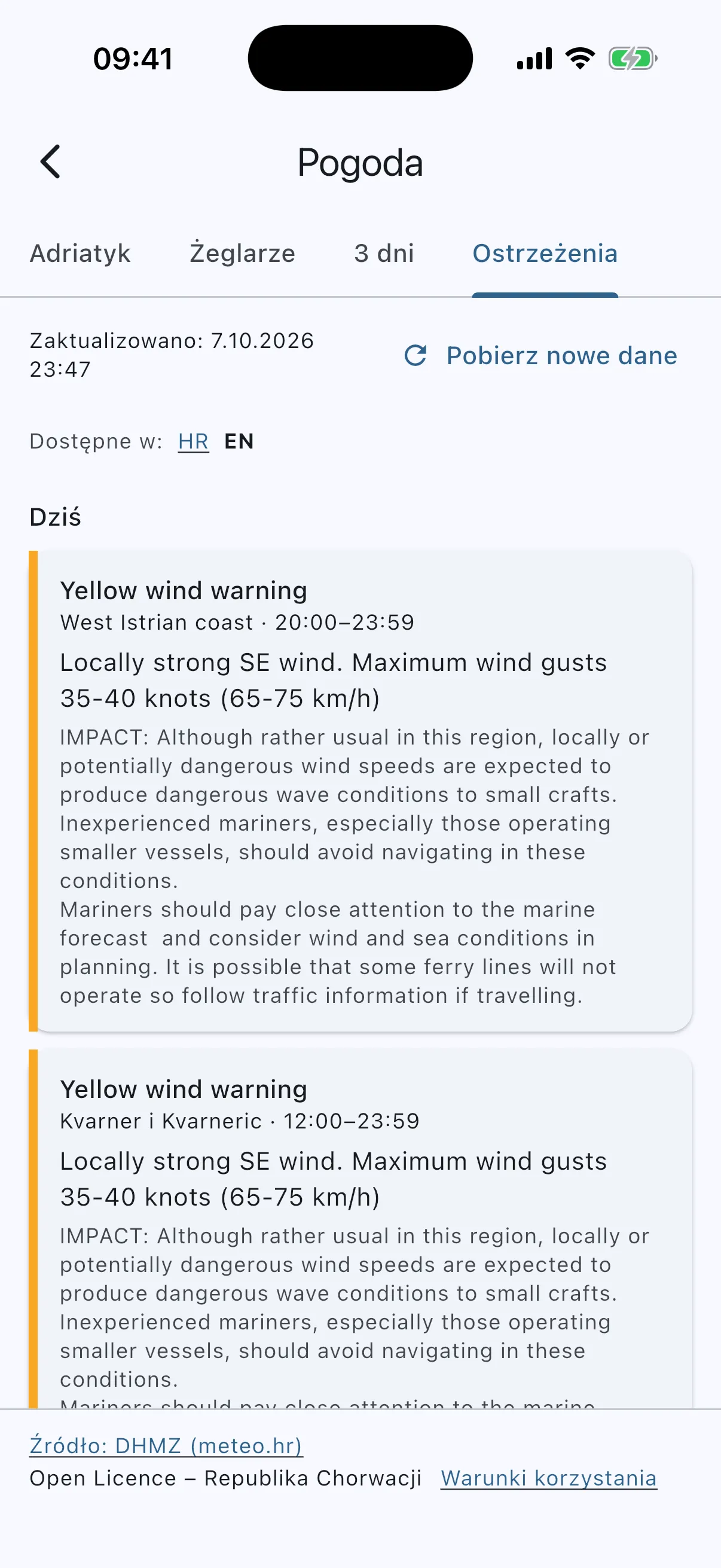 METEOALARM warning cards