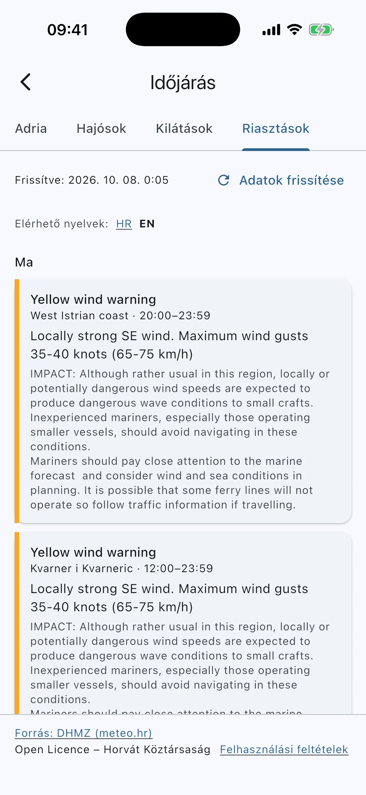 METEOALARM warning cards