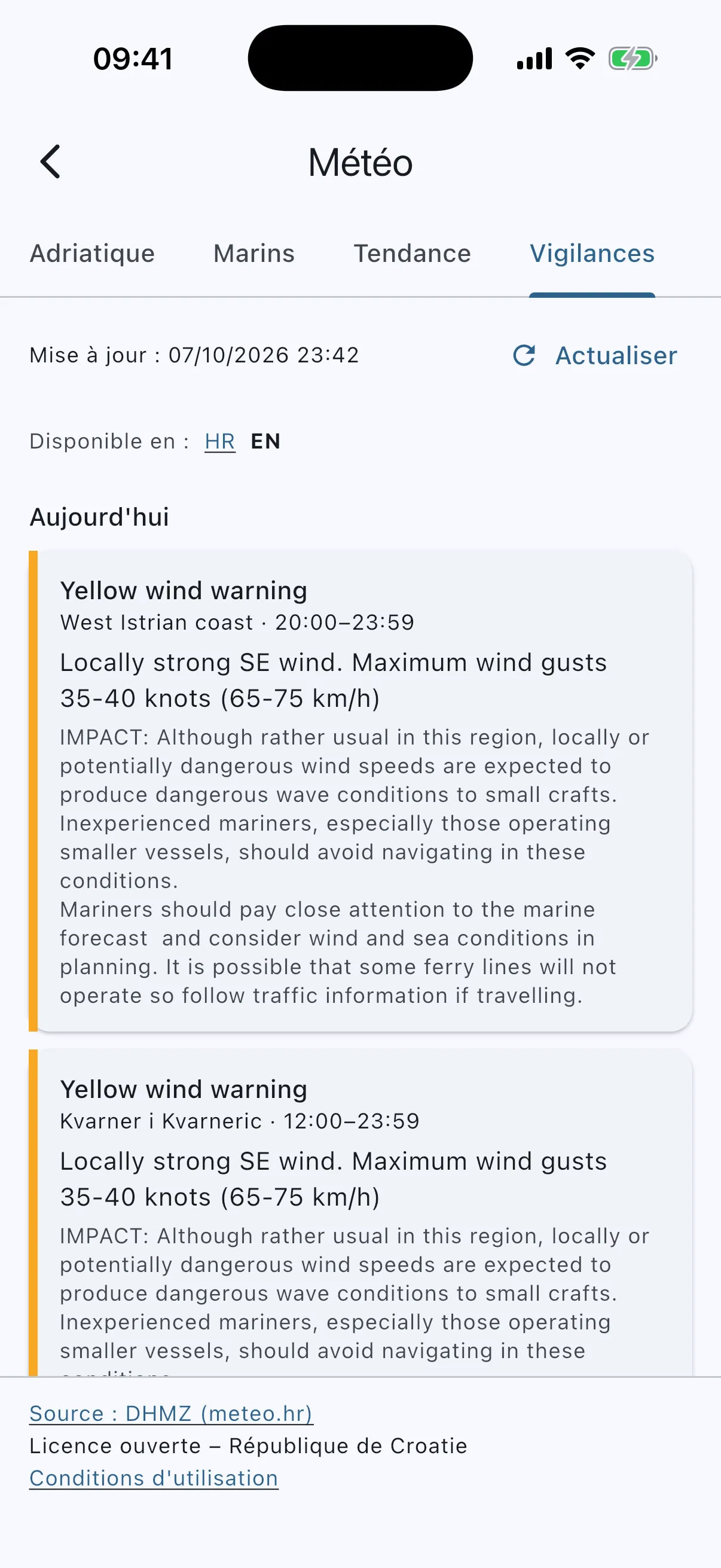 METEOALARM warning cards