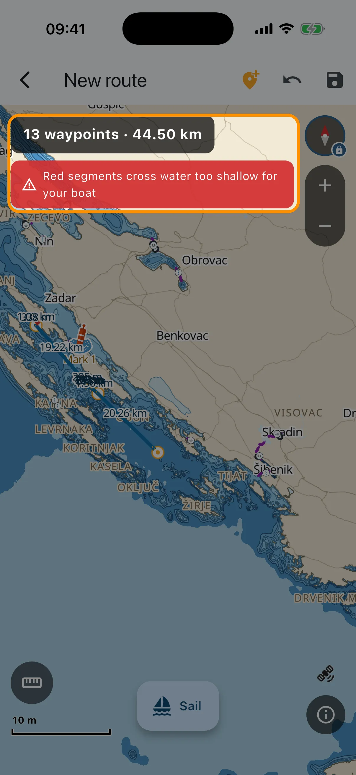 Auto-routed waypoints with red-segment hint