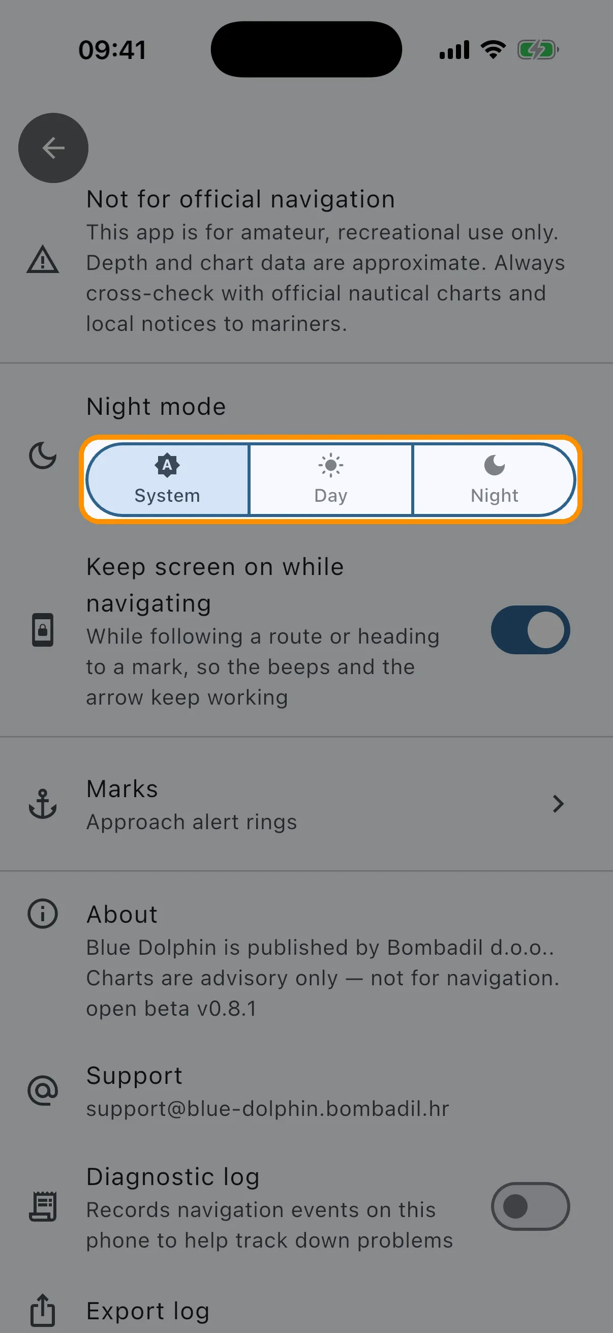 Settings: night mode, keep screen on, marks, about