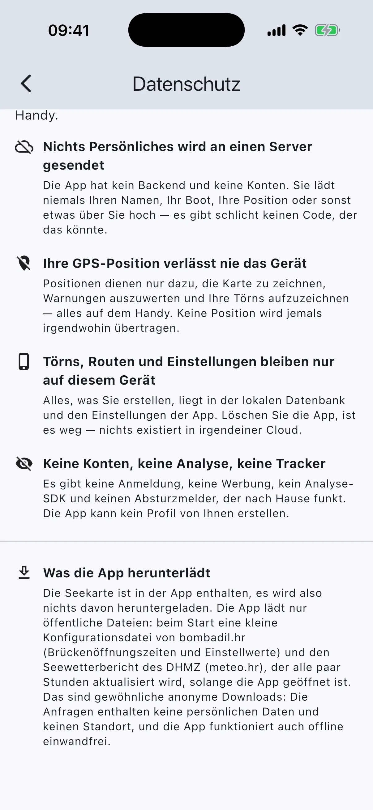 Privacy page, what the app downloads
