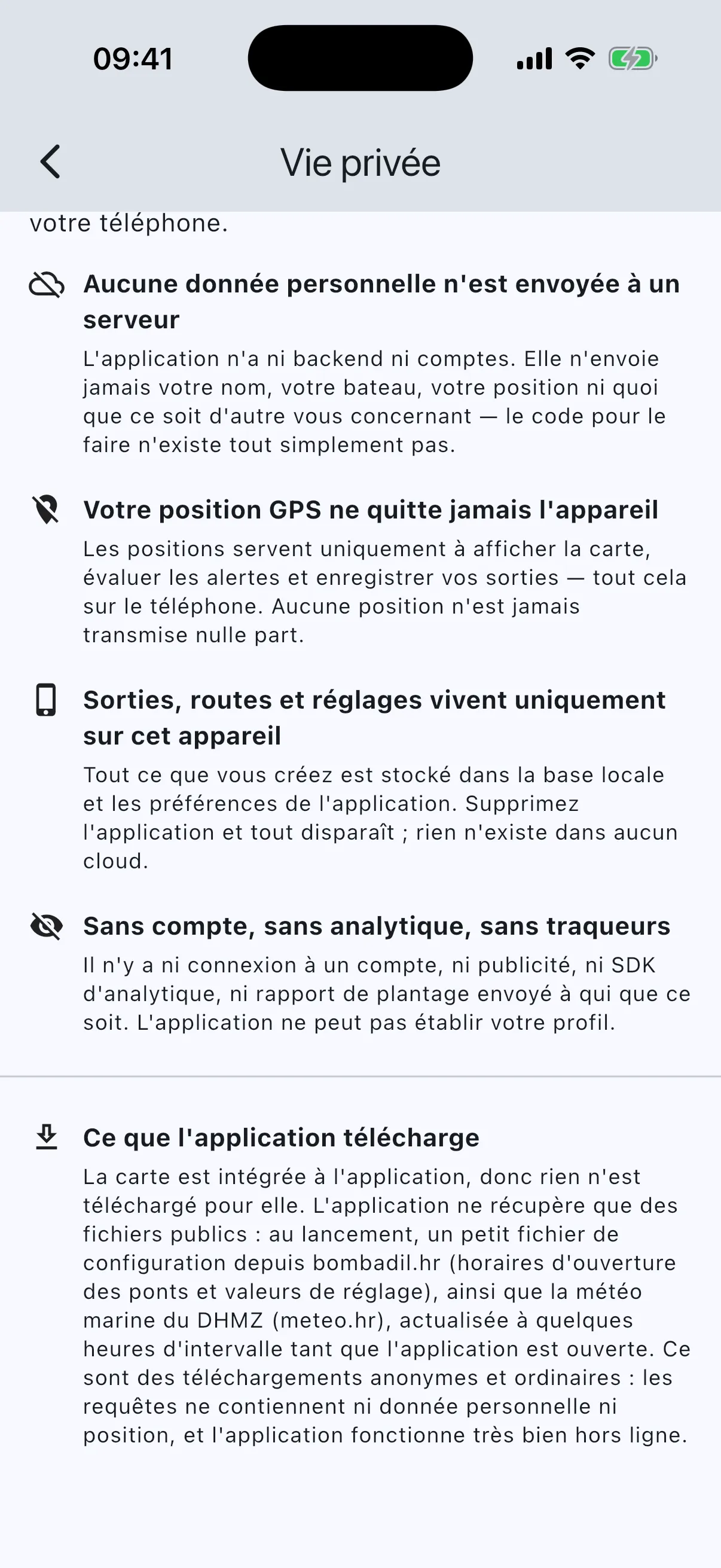 Privacy page, what the app downloads