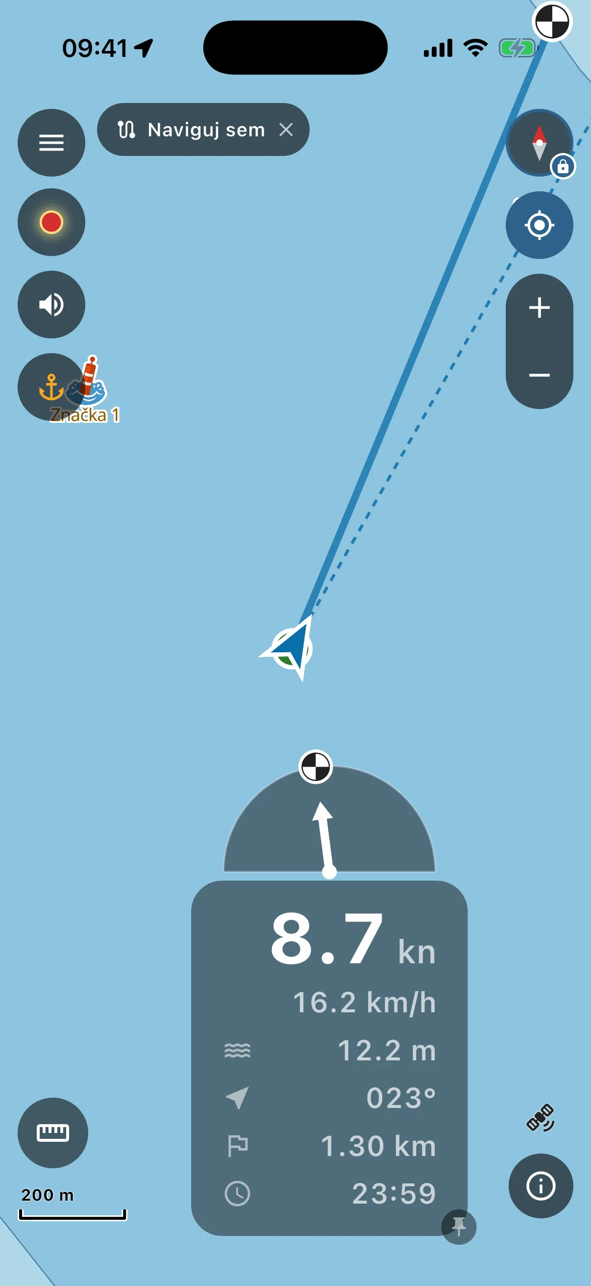 Following a route: arrow, course to steer, distance to go, arrival time