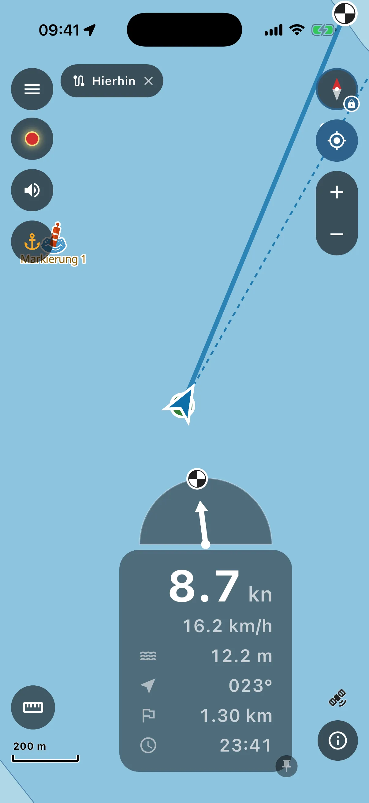 Following a route: arrow, course to steer, distance to go, arrival time