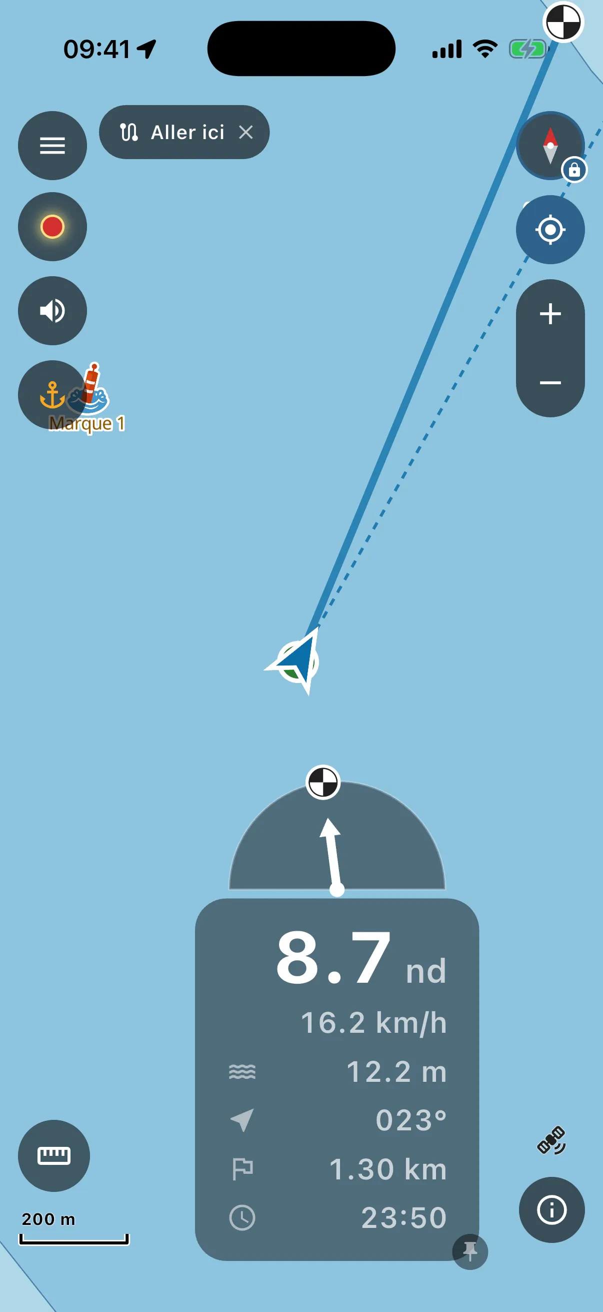 Following a route: arrow, course to steer, distance to go, arrival time