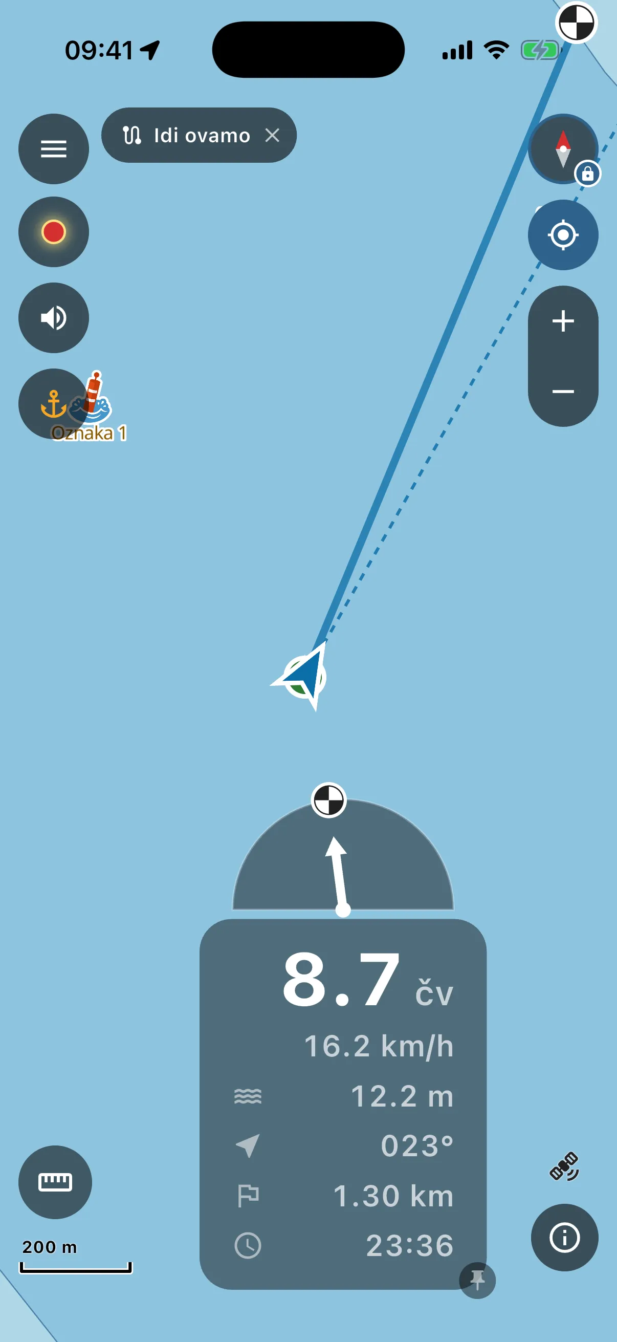 Following a route: arrow, course to steer, distance to go, arrival time